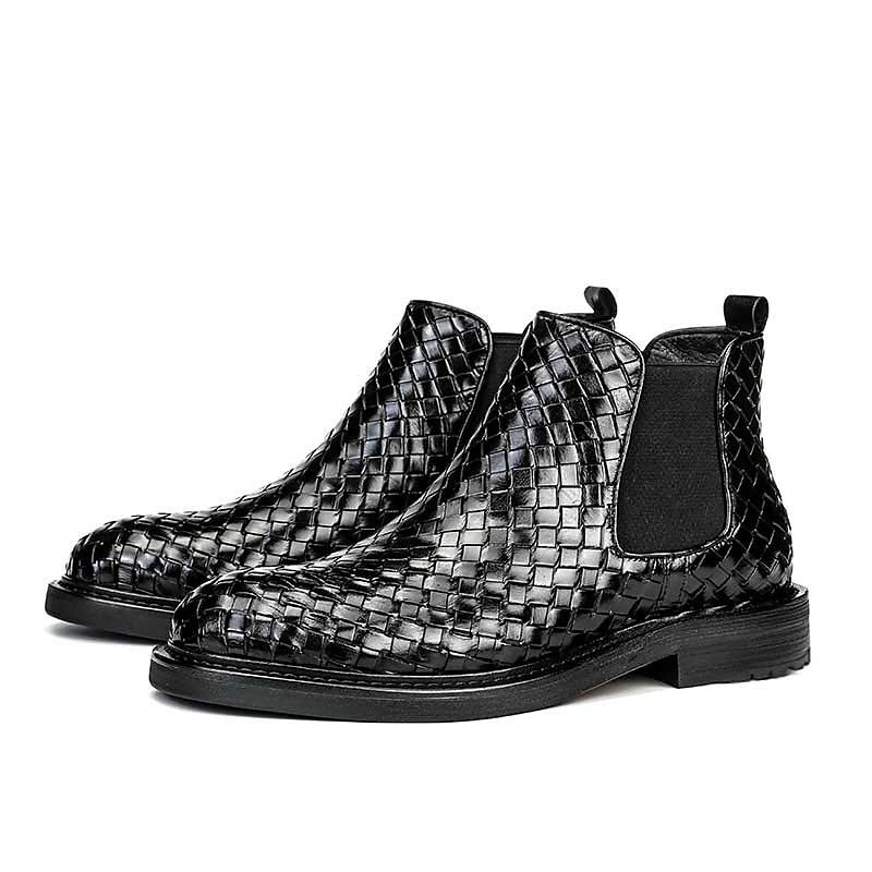 Men's Faux Leather Woven Chelsea Boots - Stylish Black Slip-On Ankle Boots with Elastic Side Panels3