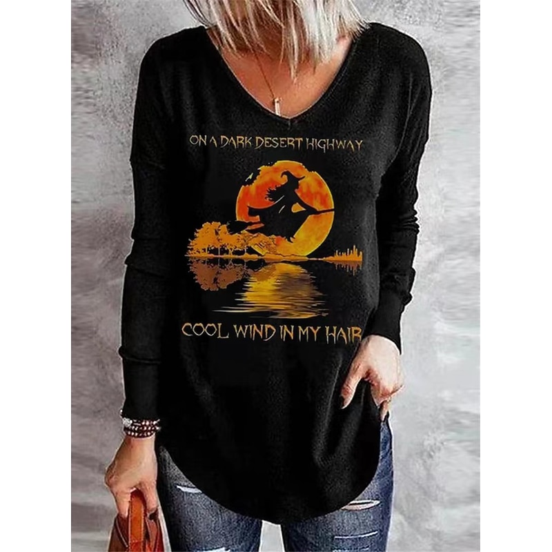 Halloween Women's T shirt Witch Long Sleeve V Neck Long Sleeve Tunic Tee Black Blue Green Letter Ghost Print Basic Regular Loose Fit S Prefall2