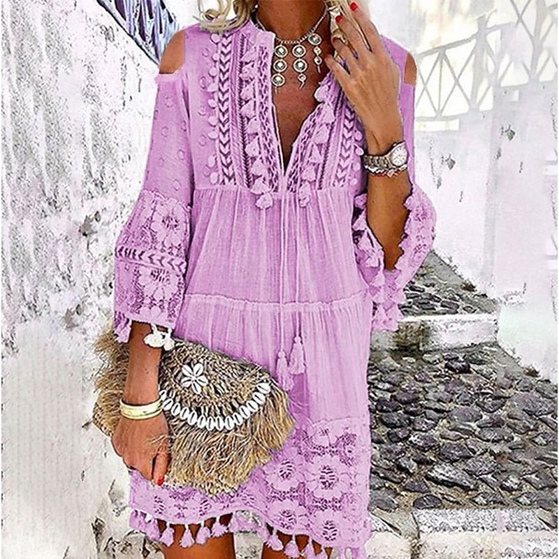 Women's Mini Dress Shift Dress Boho Dress Vacation Vintage Casual Outdoor Vacation Daily Loose Fit Pure Color 3/4 Length Sleeve V Neck White Pink Blue Purple Summer Spring2