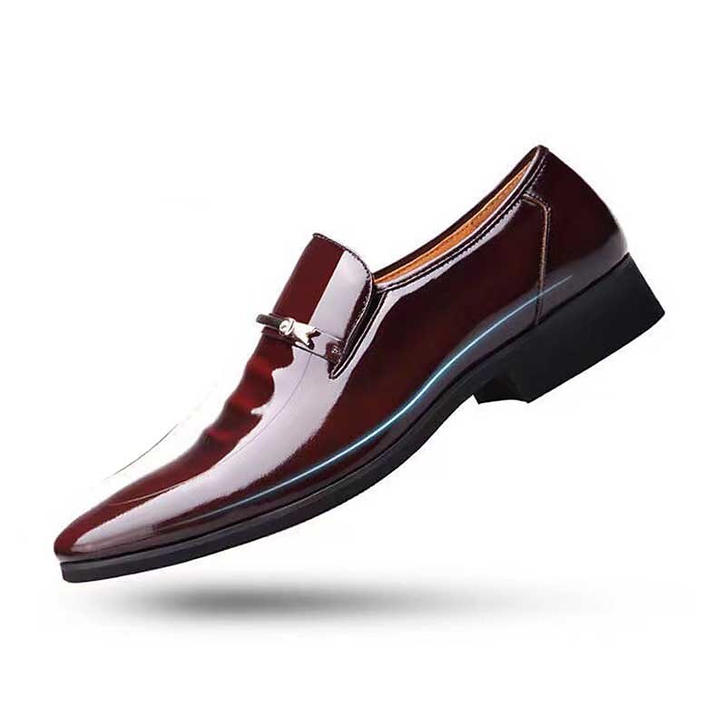 Men's Burgundy Patent Faux Leather Loafers – Elegant Slip-On Dress Shoes with Metal Accent for Formal Events and Office Wear2