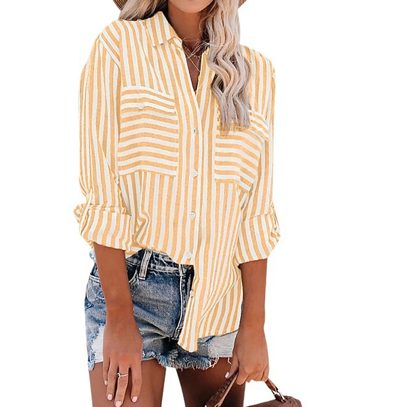 Women's Shirt Blouse Striped Streetwear Casual Long Sleeve Shirt Collar Regular Tops Office Work Business Buttons Pocket Print Black Yellow Pink Royal Blue Blue Spring Fall4