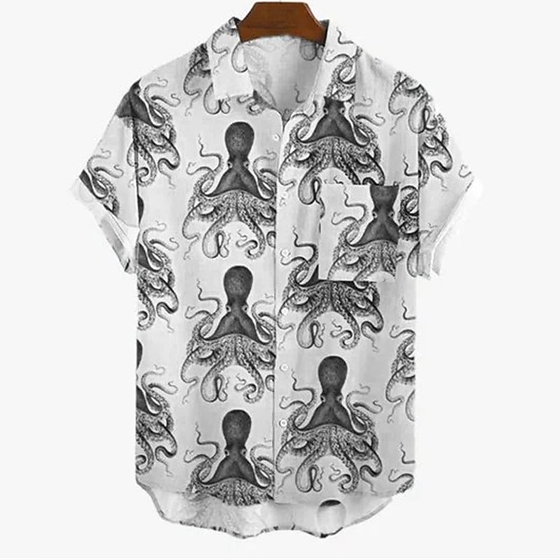 Men's Animal Tropical Octopus Shirt Summer Hawaiian Shirt Aloha Shirt Short Sleeve Shirt Turndown Fashion Designer Casual Street Daily Holiday Black Blue Beige 3D Print S M L2