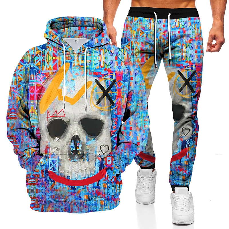 Men's Tracksuit Hoodies Set Blue Purple Gray Black Hooded Graphic Skull 2 Piece Print Sports & Outdoor Casual Sports 3D Print Basic Streetwear Sportswear Fall Spring Clothing Apparel Hoodies2
