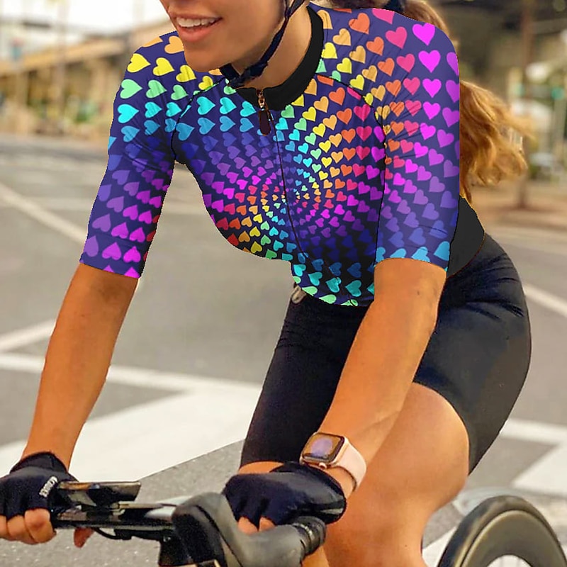 Women's Cycling Jersey Heart 3D Funny Short Sleeve Bike Jersey Top with 3 Rear Pockets Mountain Bike MTB Road Bike Cycling Quick Dry Reflective Strips Back Pocket Moisture Wicking Sports Yellow
