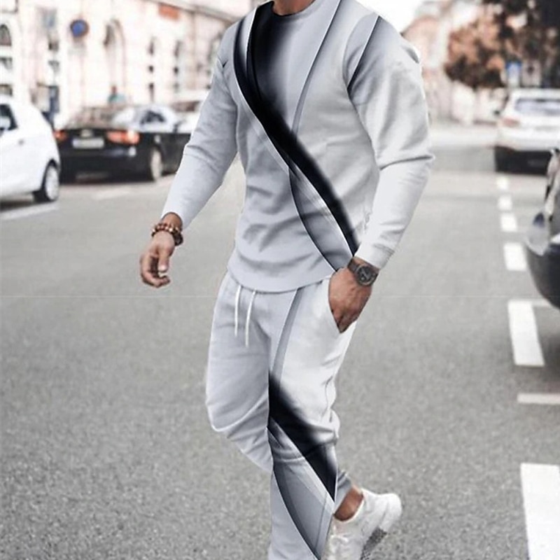 Men's Tracksuit Hoodies Set Yellow Royal Blue Blue Gray Crew Neck Graphic Geometric 2 Piece Print Sports & Outdoor Casual Sports 3D Print Streetwear Sportswear Basic Spring Fall Clothing Apparel3