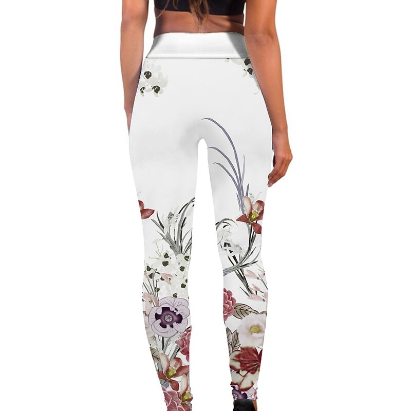 Women's Yoga Pants Butt Lift Tummy Control High Waist Gym Workout Running Fitness Tights Leggings Bottoms Floral Black / Red White+Yellow White Spandex Fall Winter Sports Activewear Stretchy4