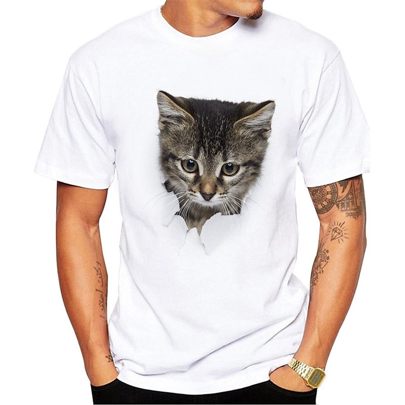 Men's Cool DJ Cat Graphic T-Shirt with Headphones & Sunglasses, White Short Sleeve Tee2