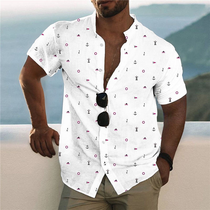 Men's Anchor Shirt Summer Hawaiian Shirt Aloha Shirt Short Sleeve Shirt Stand Collar Fashion Designer Casual Outdoor Vacation Casual White 3D Print S M L