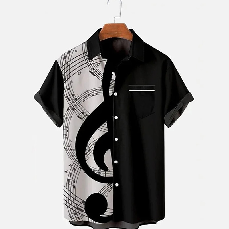 Men's Boardmasters Notes Shirt Button Up Shirt Short Sleeve Fashion Designer Casual Daily Holiday Beach Spring & Summer Turndown 3D Button-Down Black