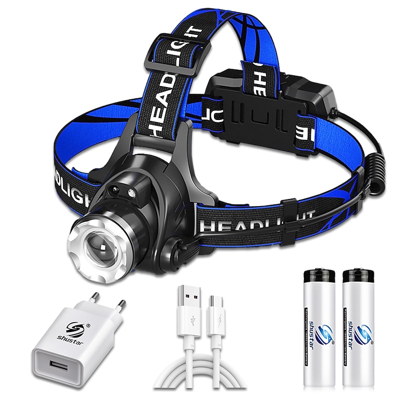 LED Headlamp with Sensor Fishing Headlight L2/P50 3 Modes Zoomable Waterproof Super Bright Camping Light Powered by 2x18650 Batteries
