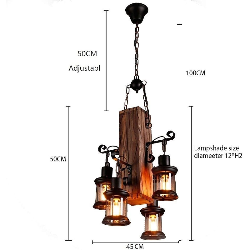 Wooden Retro Chandelier Industrial Retro Chandelier Black Metal Bedroom Dining Room Suspension Lantern Frame with Glass Shade House Loft Bar Coffee Decoration Chandelier Accessories, E274
