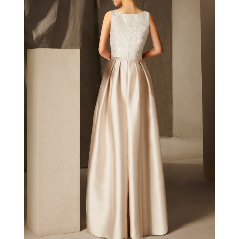 Beach Wedding A-Line Evening Gown Elegant Dress Formal Evening Floor Length Sleeveless Jewel Neck Fall Wedding Guest Satin with Sash / Ribbon Pleats Appliques4