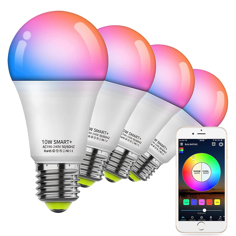 6pcs 4pcs 2pcs10W WiFi Smart LED Light Bulb Work with Alexa & Google Dimmable A19 A60 E26 E27 RGBCCT Color Changing No Hub Required2