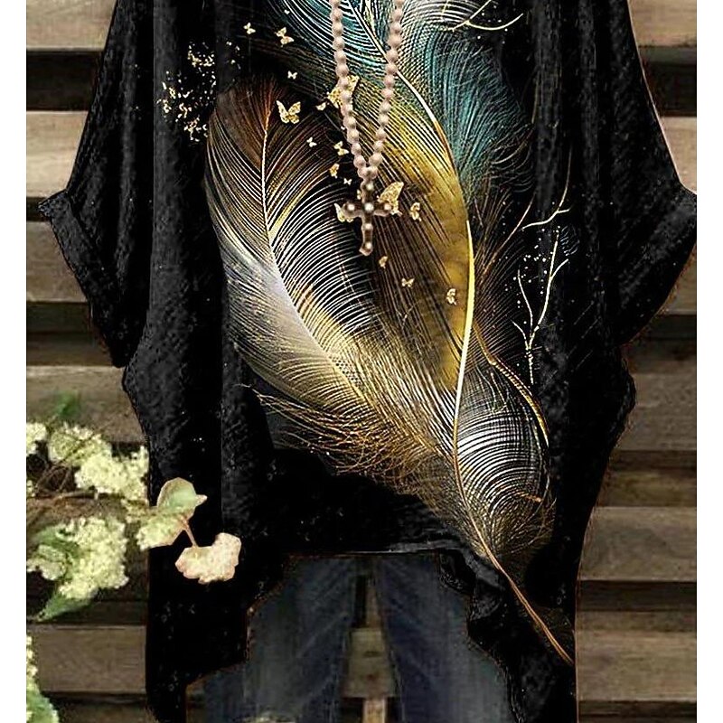 Women's Plus Size Blouse Chiffon Vintage Holiday Casual Print Dolman Sleeve 3/4 Length Sleeve Crew Neck Daily Weekend Black Dark Blue Summer Spring Fall3