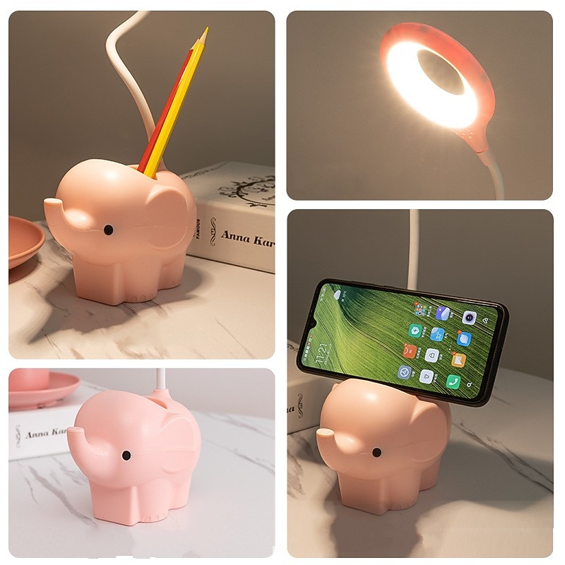 Creative Cute Pet Elephant Animal LED Desk Lamp USB Charging Plug-in Dual-use 3-color Dimmable Learning Accessories Bright Cute Bedside Lamp Learning Desk Lamp Night Light3