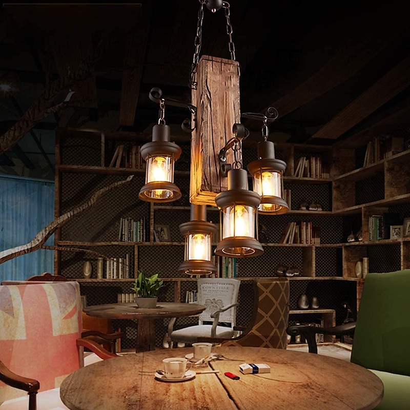 Wooden Retro Chandelier Industrial Retro Chandelier Black Metal Bedroom Dining Room Suspension Lantern Frame with Glass Shade House Loft Bar Coffee Decoration Chandelier Accessories, E272