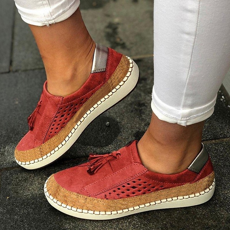 Women's Casual Red Tassel Slip-On Sneakers with Breathable Mesh and Cork Detail for Everyday Comfort