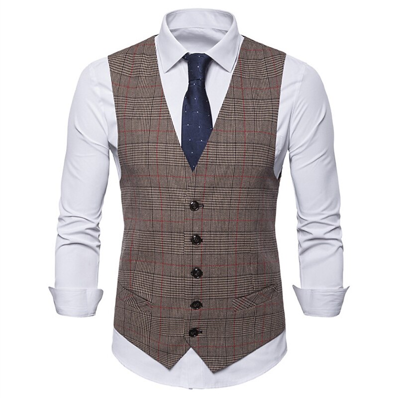 Men's Vest Waistcoat Wedding Work Business Daily Business Casual Winter Pocket Polyester Windproof Quick Dry Plaid / Check Single Breasted V Neck Regular Fit Light Grey Dark Gray Coffee Vest3