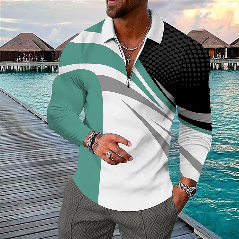 Men's Geometric Hawaiian Polo Shirts Golf Shirt Long Sleeve Polo Shirts Collared Shirts Casual Beach Wear Vacation Wear Party Outfits 3D Print Quarter Zip Polo Red Blue Dusty Blue4