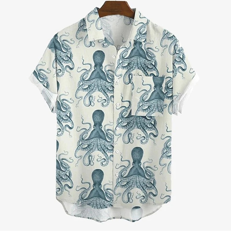 Men's Animal Tropical Octopus Shirt Summer Hawaiian Shirt Aloha Shirt Short Sleeve Shirt Turndown Fashion Designer Casual Street Daily Holiday Black Blue Beige 3D Print S M L
