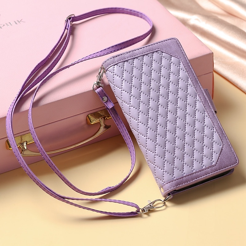 Phone Case For Samsung Galaxy S25 S24 S23 S22 S21 FE S21 Ultra Plus A14 A34 A54 A73 Handbag Purse Wallet Case Zipper with Removable Cross Body Strap With Card Holder Solid Colored Geometric Pattern3