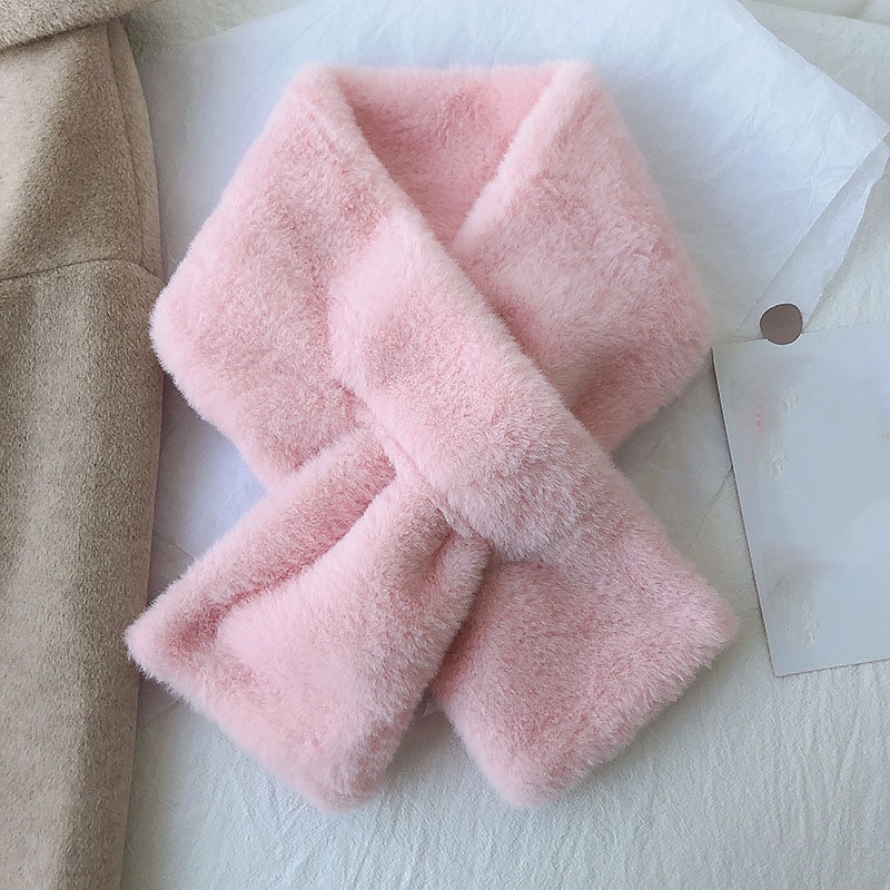 Women Winter Warm Thicken Scarfs Solid Color Faux Fur Plush Cross Collar Scarf Elegant Warm Fashion Accessories4