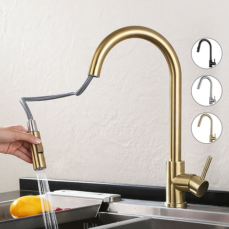 Kitchen Sink Mixer Faucet Stainless Steel with Pull Out Sprayer, 360° Rotatable Multi-function Pull Down Single Handle Kitchen Vessel Tap Brushed Gold Finish - Main Image