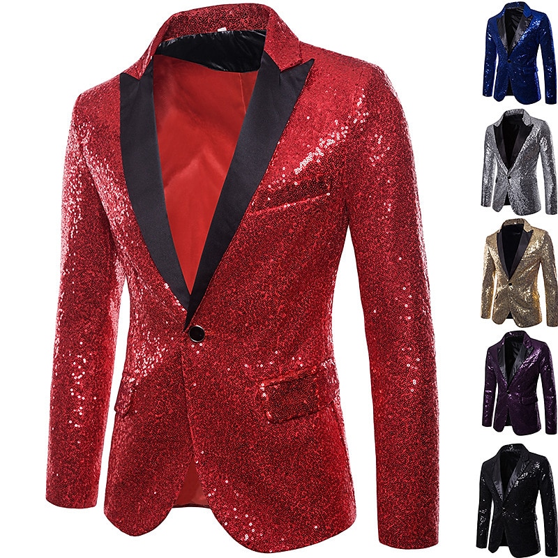 Men's Jacket Blazer Wedding Party / Evening Reflective Glitter Sequin Spring Fall Sequin Party Shawl Collar Regular Regular Regular Fit Black Silver Red Blue Purple Jacket4