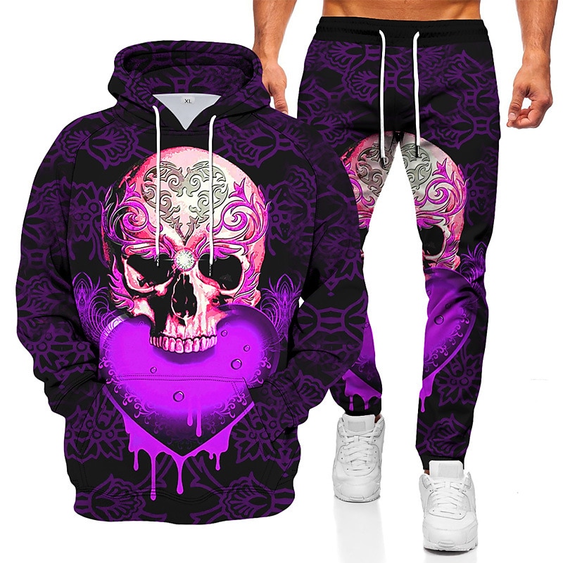 Men's Tracksuit Hoodies Set Blue Purple Gray Black Hooded Graphic Skull 2 Piece Print Sports & Outdoor Casual Sports 3D Print Basic Streetwear Sportswear Fall Spring Clothing Apparel Hoodies3