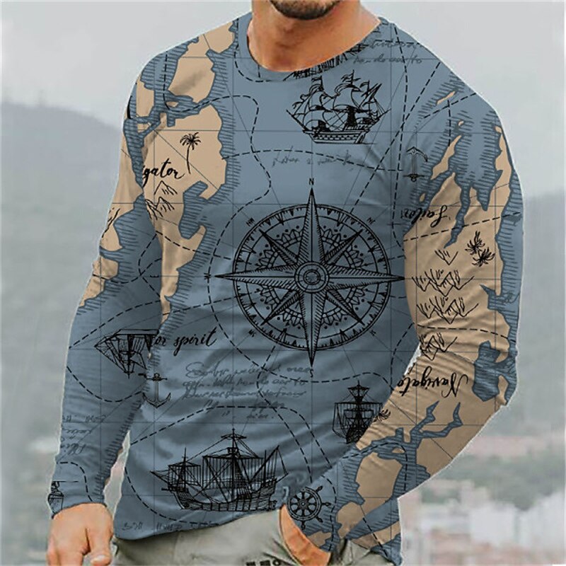 Men's Unisex Nautical Map Graphic Prints T Shirt Distressed T Shirt Long Sleeve T shirt 3D Print Crew Neck Shirt Designer Casual Big and Tall Daily Holiday Blue Purple Brown Spring &  Fall Clothing2
