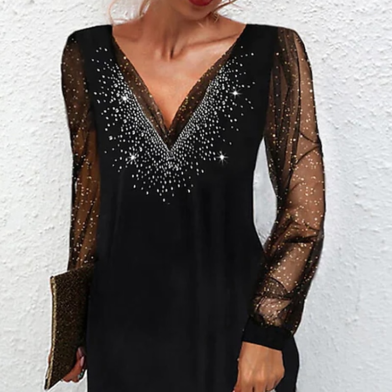 Women's Mini Dress Black Dress Sequin Dress Casual Dress Cocktail Dress Fashion Stylish Romantic Winter Dress Date Going out Regular Fit Print Long Sleeve Deep V Black Summer Spring2