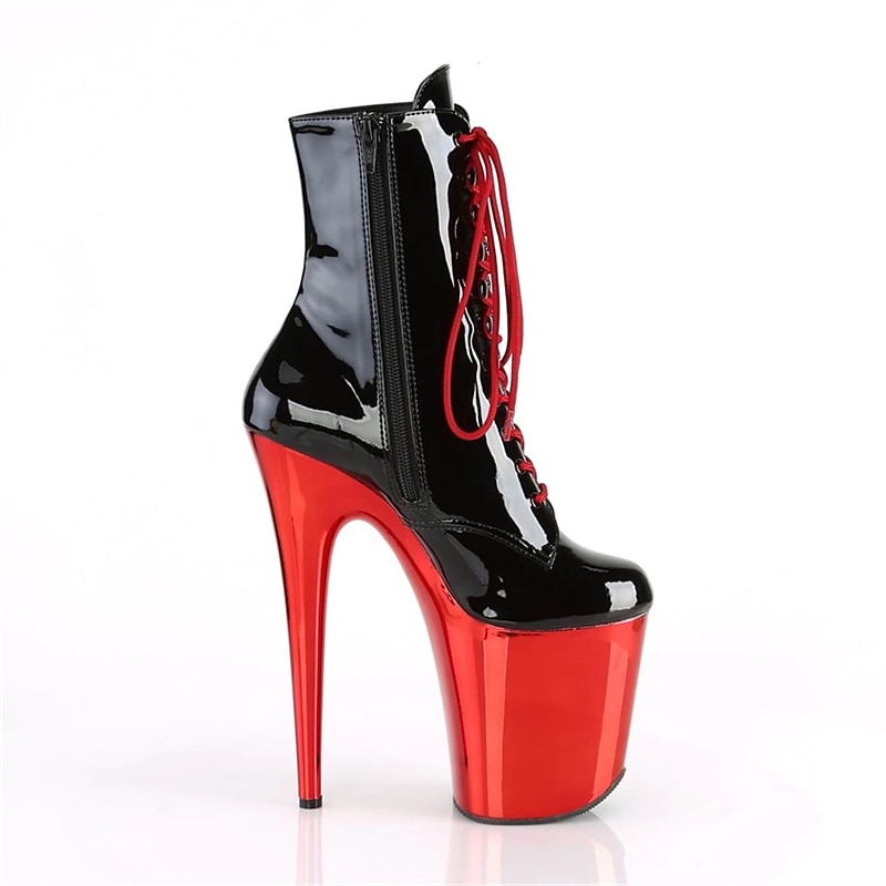 Women's Sexy Platform Lace-Up Stiletto Heeled Dance Boots - Black and Red Patent Leather Ankle Boots for Performances, Night Out, and Cosplay2