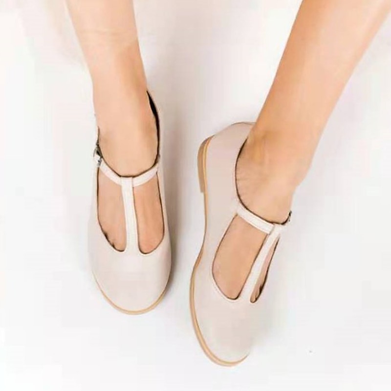 Women's Red Leather T-Strap Flats with Buckle Closure - Vintage-Inspired Casual Shoes4