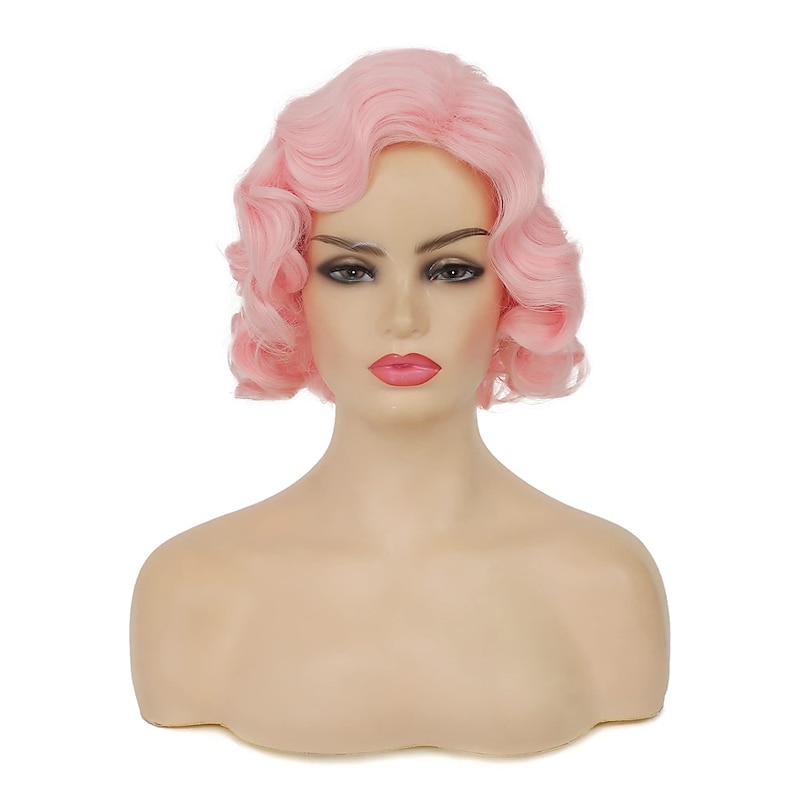 Short Pink Curly Finger Wigs for Women Synthetic Wave Full Wig Cosplay Carnival Flapper Vintage Mommy Wig Halloween Wigs4