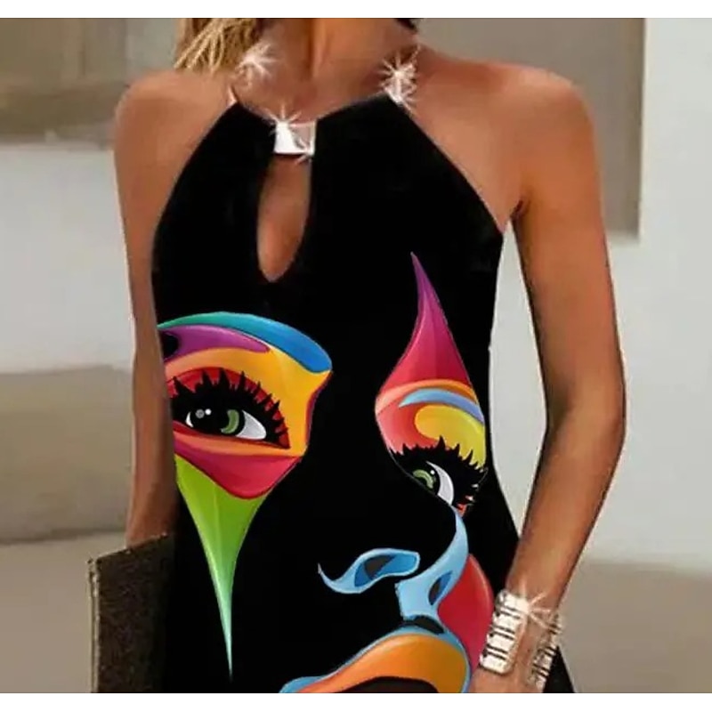 Women's Mini Dress Sundress Shift Dress Fashion Modern Vacation Daily Going out Regular Fit Abstract Sleeveless Halter Neck Cold Shoulder Black Summer Spring2