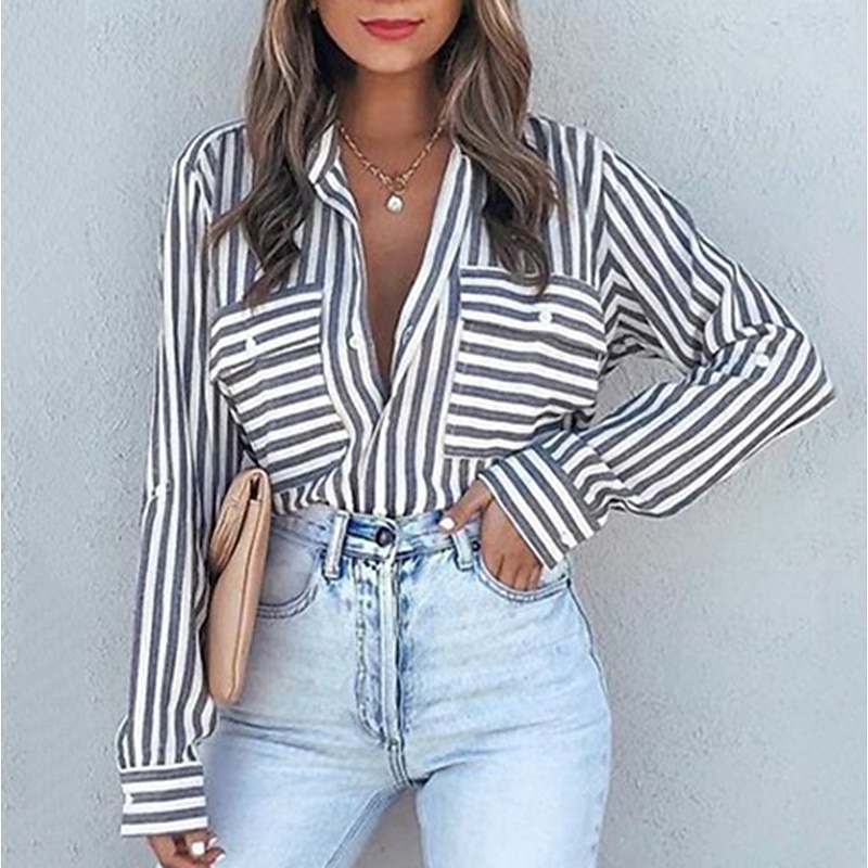 Women's Shirt Blouse Striped Streetwear Casual Long Sleeve Shirt Collar Regular Tops Office Work Business Buttons Pocket Print Black Yellow Pink Royal Blue Blue Spring Fall2