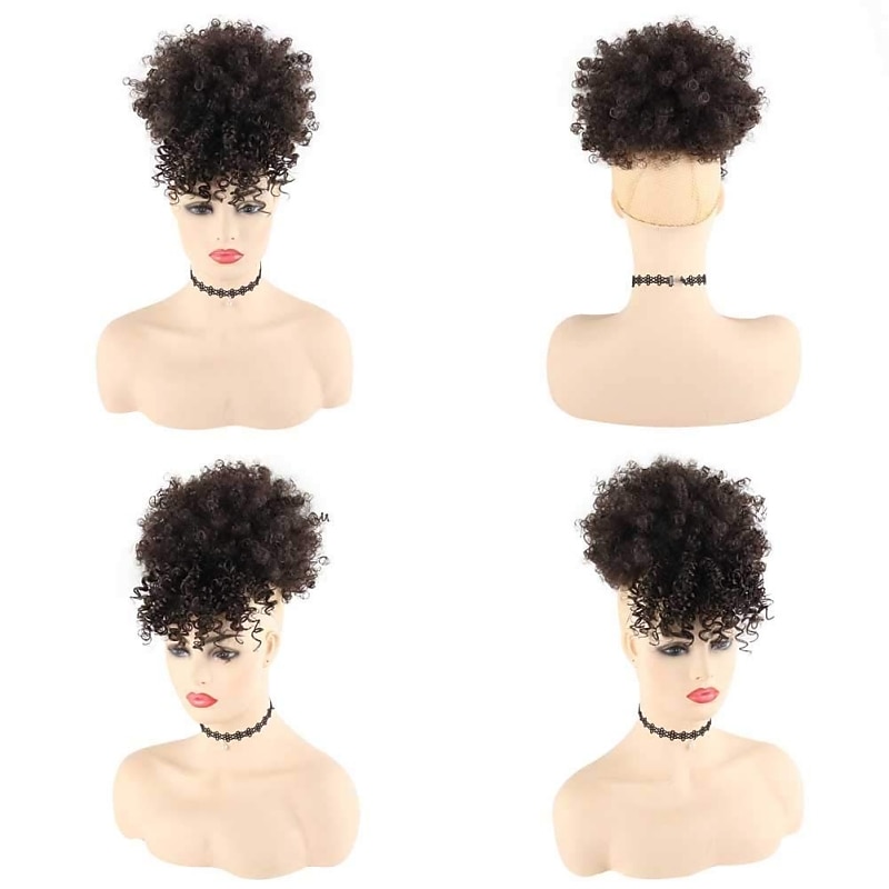 Afro High Puff Hair Bun Drawstring Ponytail With Bangs Short Kinky Curly Pineapple Pony Tail Clip in on Wrap Updo Ponytail Extensions4