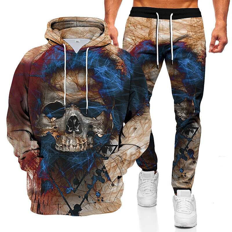 Men's Tracksuit Hoodies Set Wine Red Royal Blue Blue Brown Coffee Hooded Graphic Skull 2 Piece Print Sports & Outdoor Casual Sports 3D Print Polyester Streetwear Sportswear Basic Spring Fall Clothing4