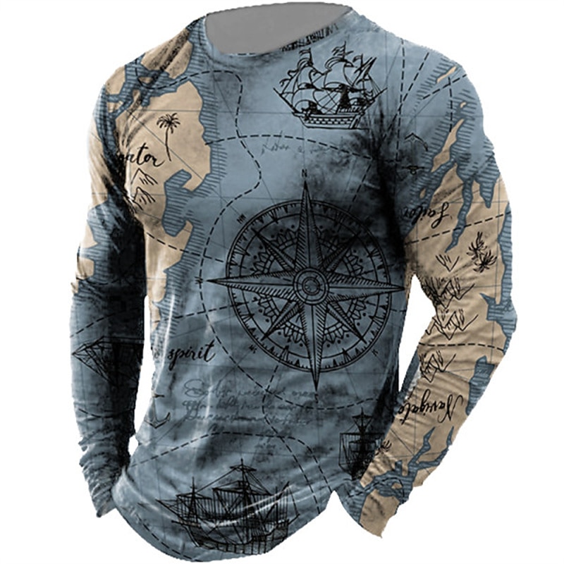 Men's Unisex Nautical Map Graphic Prints T Shirt Distressed T Shirt Long Sleeve T shirt 3D Print Crew Neck Shirt Designer Casual Big and Tall Daily Holiday Blue Purple Brown Spring &  Fall Clothing