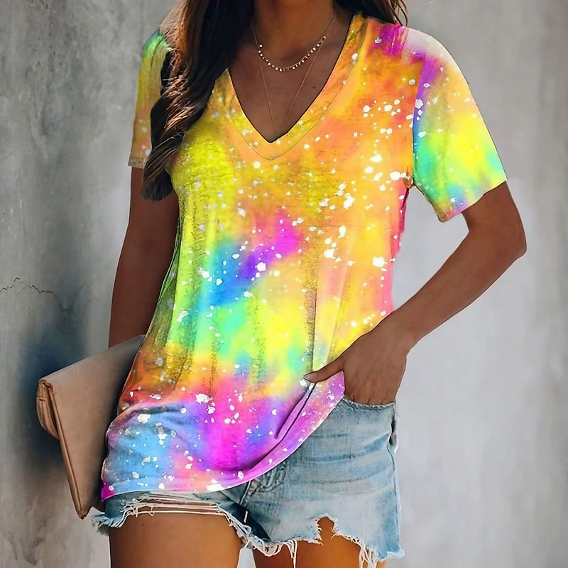 Women's T Shirt Tie Dye Basic Short Sleeve V Neck Regular Tops Casual Weekend Print Yellow