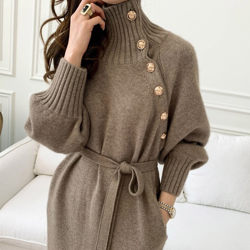 Women's Sweater Dress Jumper Dress Winter Dress Knee Length Dress Knitwear Stylish Mature Pure Color Outdoor Winter Dress Holiday Weekend Turtleneck Long Sleeve Tie Front Button Knit 2023 Loose Fit3