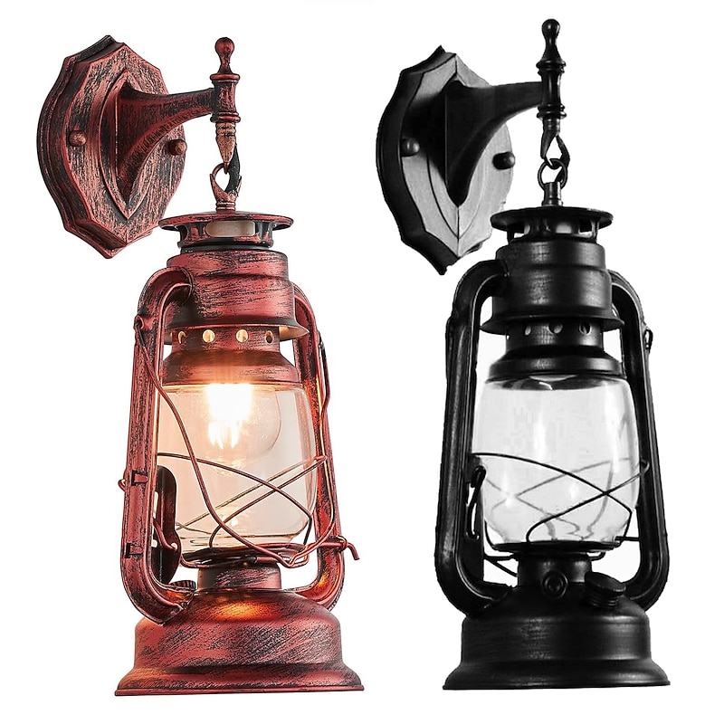 Country Style Lantern Wall Lamp Retro Glass Shade Sconce Fixture for Bedroom Farmhouse Lighting 7 inches Deep x 15 inches High - Main Image