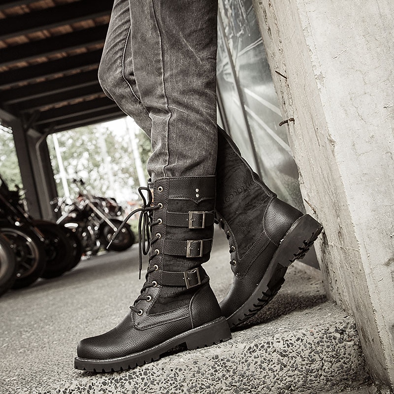 Men's Black Leather Motorcycle Boots with Buckle Straps and Lace-Up Design for Biker Style2