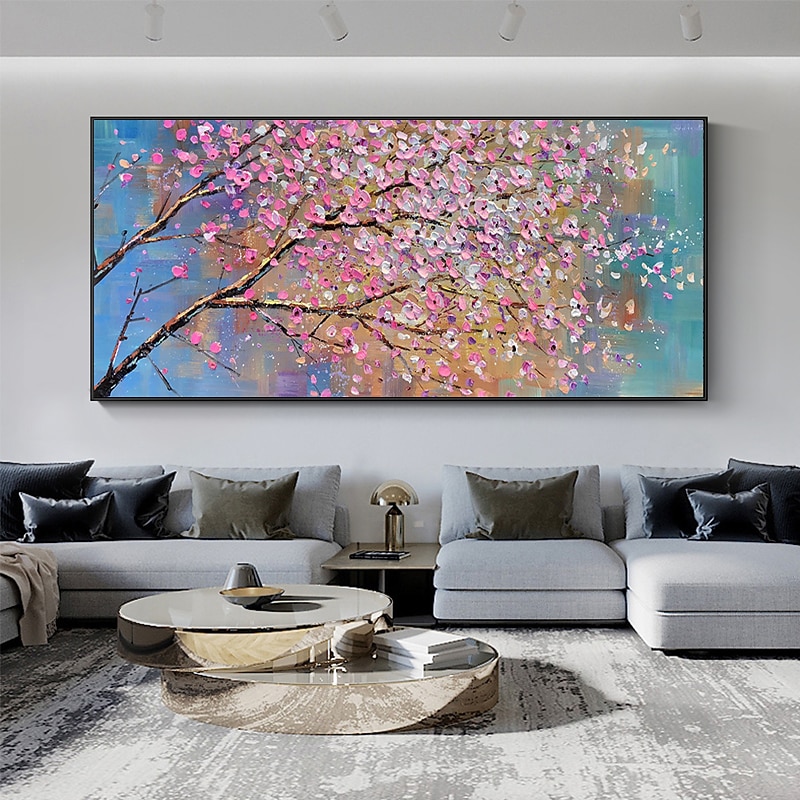 Handmade Oil Painting Canvas Wall Art Decoration Pink Plum Palette Knife Painting for Home Decor Rolled Frameless Unstretched Painting