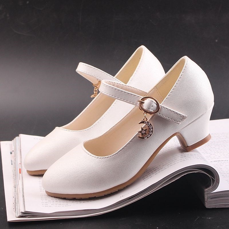 Girls' White Mary Jane Dress Shoes – Low Heel Princess Pumps with Moon Charm for Wedding, Party & Formal Occasions