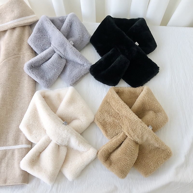 Women Winter Warm Thicken Scarfs Solid Color Faux Fur Plush Cross Collar Scarf Elegant Warm Fashion Accessories2