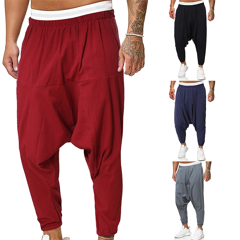 Men's Trousers Baggy Pants Beach Pants Harem Pants Elastic Waist Drop Crotch Solid Color Comfort Breathable Ankle-Length Casual Daily Streetwear Classic Boho Gray Green Black Micro-elastic