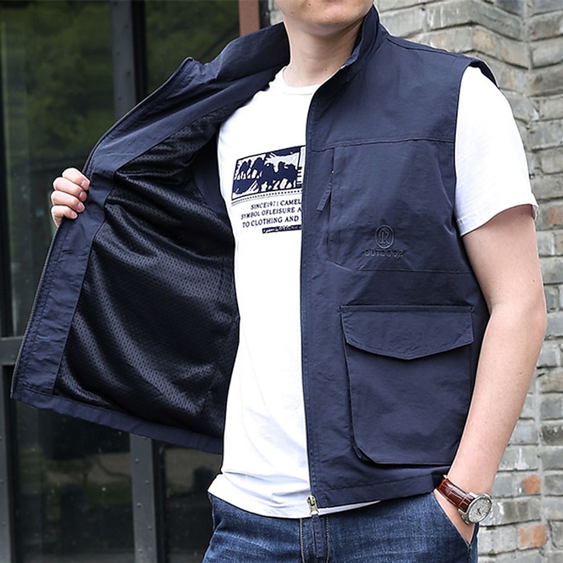 Men's Fishing Vest Hiking Vest Top Outdoor Breathable Water Resistant Zipper Pocket Multi Pockets Polyester Army Green Khaki Dark Blue Fishing Climbing3
