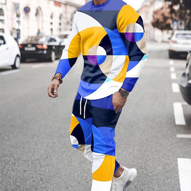 Men's Tracksuit Hoodies Set Yellow Royal Blue Blue Gray Crew Neck Graphic Geometric 2 Piece Print Sports & Outdoor Casual Sports 3D Print Streetwear Sportswear Basic Spring Fall Clothing Apparel