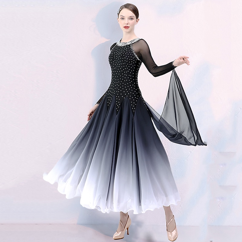 Ballroom Dance Competition  Dress Split Joint Crystals / Rhinestones Women's Training Performance Long Sleeve Mesh Spandex Chiffon2